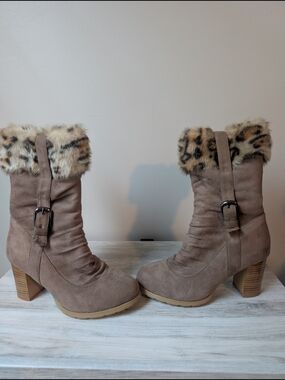 Taupe Faux Suede Mid-Calf Heeled Boots with Leopard Faux Fur Cuff